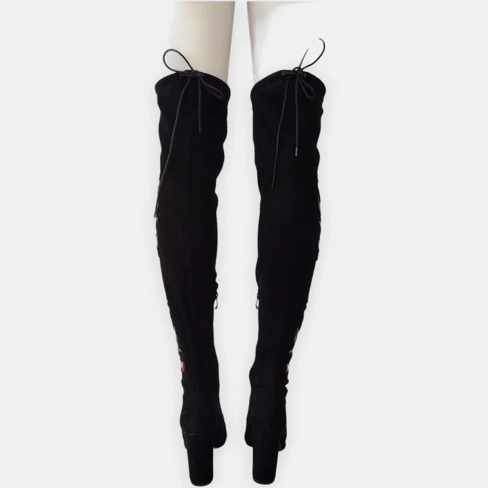 Top Moda Black Suede Floral Embroidered Over The Knee Boots 8.5